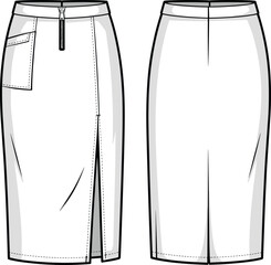 Skirt technical drawing, front and back view, center zipper, side pocket, bottom slit, seam detail, fashion sketch, garment template © Halal Artist