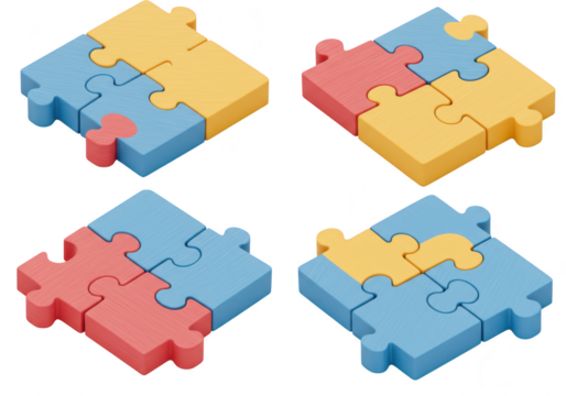 Photo of four colorful jigsaw puzzle pieces are connected together, representing teamwork, problemsolving, and strategic thinking isolated on transparent background