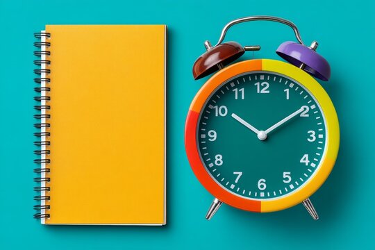 A colorful alarm clock sits on a table next to a yellow notebook