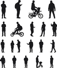 Silhouette vector illustration featuring a long, horizontal line of diverse business people walking in various professional poses, representing commuting, progress, and urban professionals.