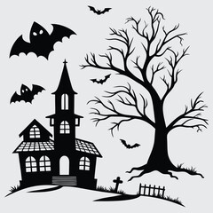 Spooky Halloween Silhouette with Haunted House, Bats, Bare Tree, and Graveyard