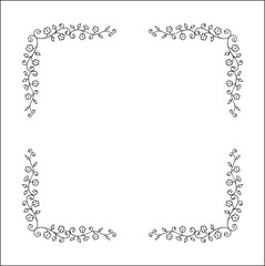 Black and white vegetal ornamental frame with leaves and flowers, decorative border, corners for greeting cards, banners, business cards, invitations, menus. Isolated vector illustration.	

