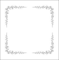 Black and white vegetal ornamental frame with leaves and flowers, decorative border, corners for greeting cards, banners, business cards, invitations, menus. Isolated vector illustration.	
