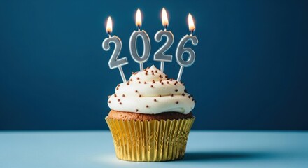 Festive 2026 cupcake frosted, sprinkled, with burning numeral candles