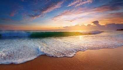 stunning ocean wave against sunset horizon with colorful sky and gentle sand shoreline in perfect beach environment