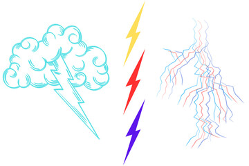 Hand-drawn lightning bolt and storm cloud illustrations; vibrant, energetic, graphic design style.