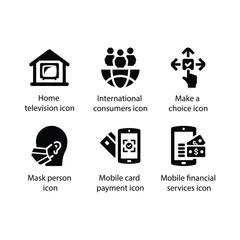 Television, International consumers, Make a choice, Mask person, Card payment, Financial services, icon