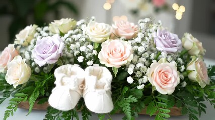 Adorable baby booties nestled in a beautiful floral arrangement of pastel roses and baby's breath