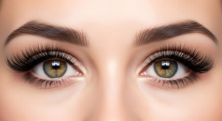 A close up shot of a woman's face featuring green eyes with long eyelashes and defined eyebrows