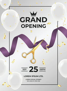 Elegant grand launch invitation design with purple ribbon