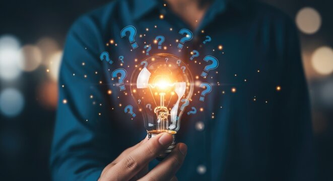 Person holding a glowing lightbulb with question marks around it, representing a new idea, innovation, and problemsolving