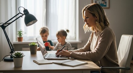 Woman working from home with kids laptop desk family home office remote work balance lifestyle business