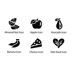 Almond nut, Apple fruit, Avocado fruit, Banana fruit, Cheese food, Diet food, icon