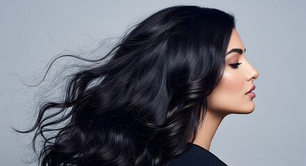 Naklejka premium Profile view of a woman with long black wavy hair and elegant makeup against a gray backdrop