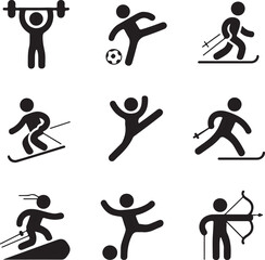 Set of Black and White Sport Pictograms Showing Different Athletic Activities Weightlifting Soccer Gymnastics Archery Skiing and Snowboarding