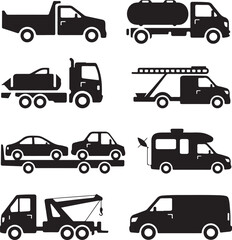 Diverse Collection of Transportation Vehicles in Black Silhouette a Vector Graphics Representation for Logos and Icons
