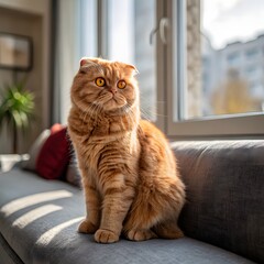 Cute red scottish fold cat with orange eyes lying on grey textile sofa at home. Soft fluffy purebred short hair straight-eared kitty. Background, copy space, close up.