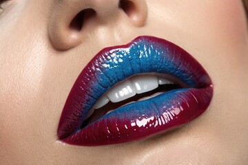 Fototapeta premium Woman's Lips With Blue and Red Glossy Lipstick