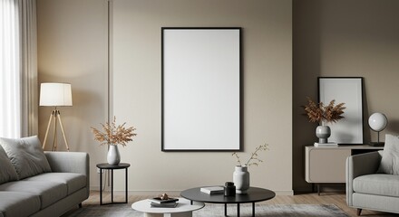 Blank frame mockup in modern living room interior for artwork display and home decor presentation design