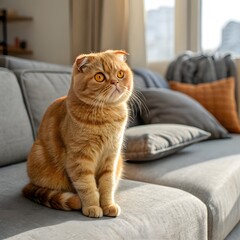 Cute red scottish fold cat with orange eyes lying on grey textile sofa at home. Soft fluffy purebred short hair straight-eared kitty. Background, copy space, close up.
