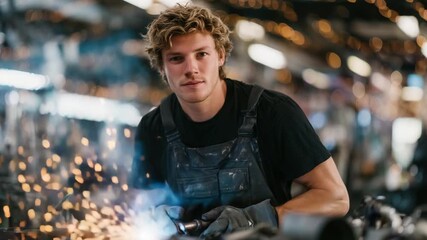A skilled artisan welds metal parts into a unique art sculpture amidst sparks in an industrial workshop.