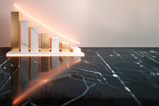 A 3D bar graph with alternating golden and marble bars shows a downward trend, resting on a glowing platform. The image symbolizes business decline, market loss, or recession.