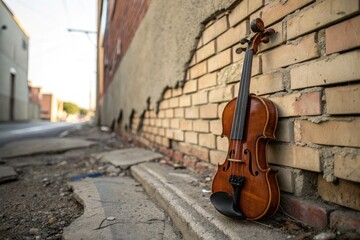 Violin Leans Against Weathered Brick Wall in an Alley