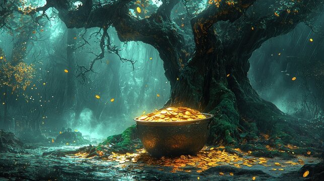 Forest treasure pot of gold beneath gnarled tree, misty woods backdrop