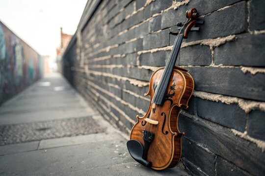 Lost Violin Leans Against Brick Wall in Empty Alley