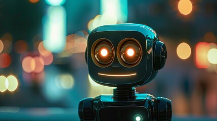 Friendly modern chatbot with adjustable colorful eyes and a warm smile in a lively urban setting at night