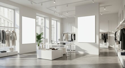 Modern clothing store interior design with blank posters for advertising and product display mockup space