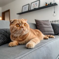 Cute red scottish fold cat with orange eyes lying on grey textile sofa at home. Soft fluffy purebred short hair straight-eared kitty. Background, copy space, close up.