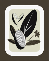 Art Deco style: beauty product label, olive green and off-white with minimal floral deco embellishment