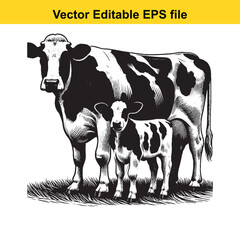 vector art of cow and calf standing in a grassy field, isolated on white background