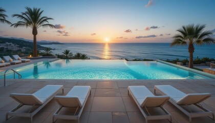 Tropical paradise pool at sunset with a beautiful turquoise ocean horizon and summer sky