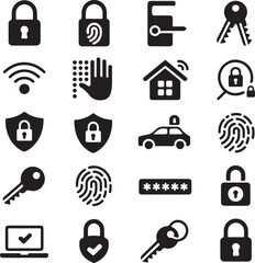 Security and Protection Icons Depicting Safety Measures Cyber Security and Authentication Methods Lock and Key Systems