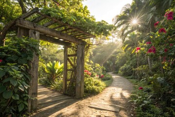 Fototapeta premium Tranquil Garden Path With Blooming Flowers in Morning Sunlight