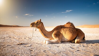 resting camel on desert salt flat under bright sun m north african nomadic culture and symbolic silence for travel editorials storytelling and ethnic mood boards