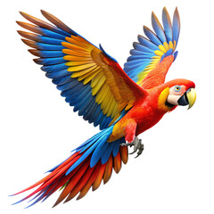 Obraz premium Vibrant scarlet macaw parrot in midflight, showcasing its stunning plumage isolated on transparent background, a captivating display of natures beauty and avian grace