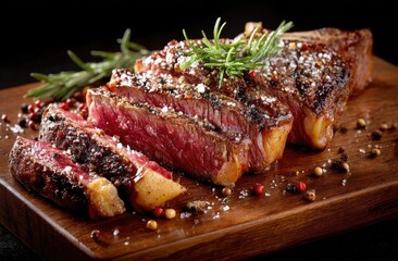 Juicy ribeye steak sliced on wooden board with salt and herbs, perfectly seared medium rare for gourmet restaurant menu, BBQ, or food blog use