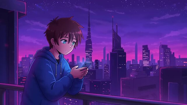 Anime Character on Balcony Overlooking City Skyline at Twilight