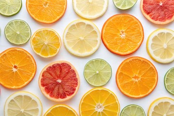 Fototapeta premium Colorful Citrus Fruit Slices Arranged Neatly on a White Surface