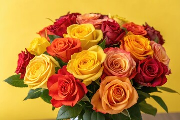 Obraz premium Colorful Bouquet of Roses Against a Bright Yellow Background