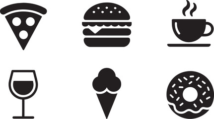 Delicious Food Icons Set Pizza Burger Coffee Wine Ice Cream Donut Vector Illustration Isolated