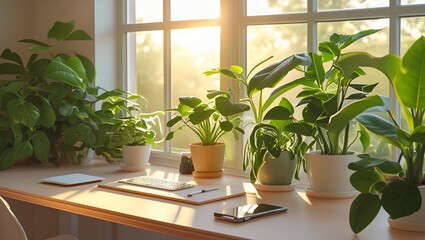 Cozy work desk by window with soft sunlight and green plants in a warm inviting aesthetic setup