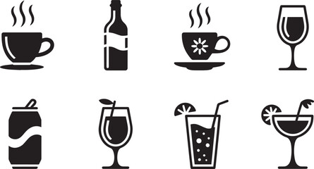 Diverse Drink Icons Set Featuring Coffee, Alcohol, and Refreshment Beverages on Transparent Background