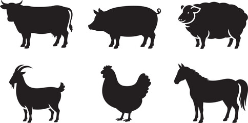 Farm Animals Silhouette Vector Illustration Featuring Cow, Pig, Sheep, Goat, Chicken, and Horse