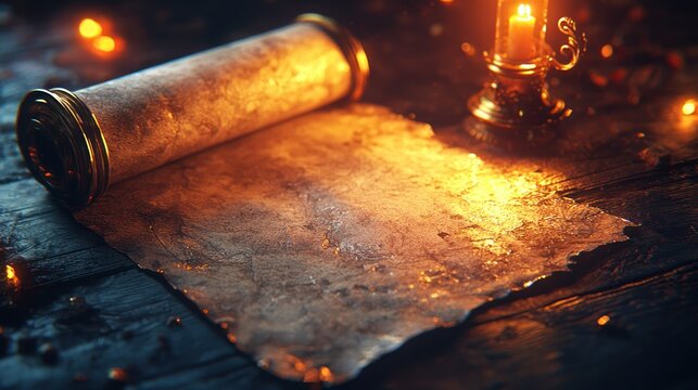 Lit scroll on wood table near candle, parchment unrolled, soft warm lighting - Powered by Adobe