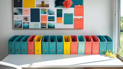 Organized workspace with colorful file holders pastel mood board and aesthetic desk accessories