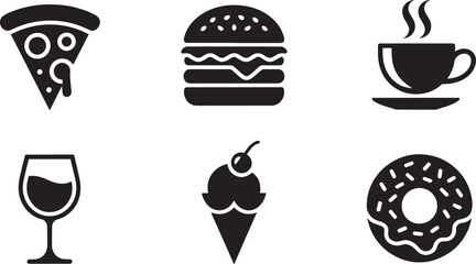 Food and Drink Silhouettes Collection Pizza Burger Coffee Ice Cream Wine Donut Icons